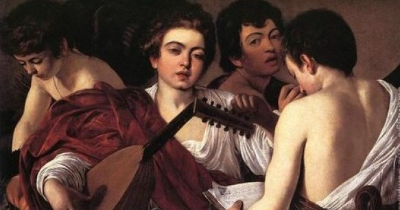 Young Caravaggio’s self-portrait is second from the right. 1595, age 23 or 24. Center, a Spanish castrato and pal of C's.