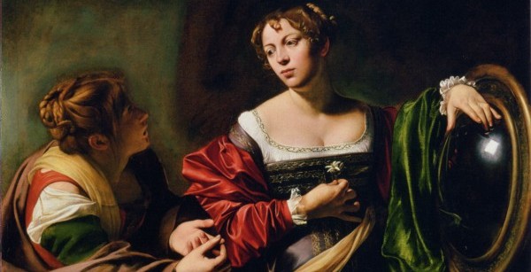 Fillide again, with a second woman whose beauty is so much greater for the way Caravaggio disguises her in the shadow. The convex mirror may be a clue to Caravaggio’s use of projected images to help him paint an exact, almost photographic, image.