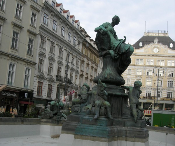 In what’s now known as the Neuermarkt, or New Market, there’s this fountain depicting Providence. Behind is the inn where I have Nannerl stay in MOZART’S LAST ARIA. At that time, the square was called the Flour Market. Mozart often performed in the flour-trading hall.