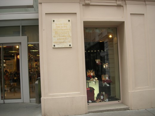 The plaque notes that on this spot, until 1849, stood the house in which Mozart died. It’s on Rauhensteingasse in a very central neighborhood of Vienna. Not sure the plaque would encourage purchase of expensive luggage from the window.